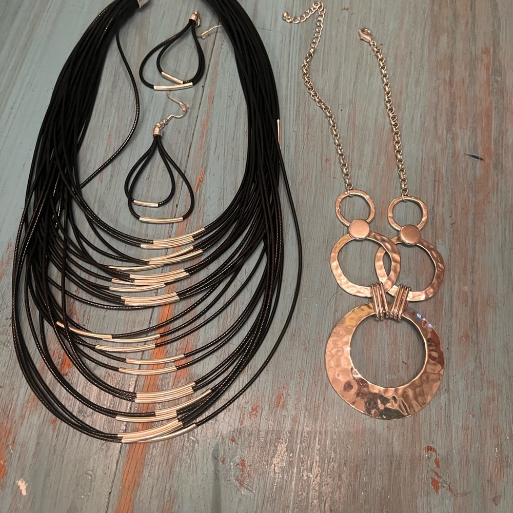 Elegant Black & Silver Necklace &Earring Set and additional silvertone necklace.